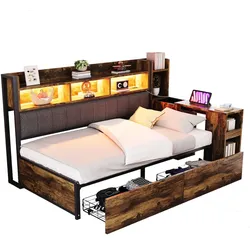 OKWISH Multifunktions-Einzelbett 90x200 cm mit Stauraum, ausziehbarem Schreibtisch, Steckdosen, Schubladen, minimalistisches Design, Naturholz