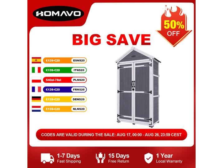 HOMAVO Abri de Jardin en Bois avec Toit en Appentis Protégé UV, 99.3 × 56.5 × 178 cm, Cabane de Jardin Pour Jardin, Terrasse, Arrière-Cour, Pelouse