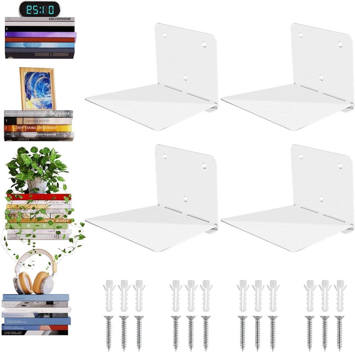 Set van 4 witte zwevende boekenplanken met onzichtbaar ontwerp