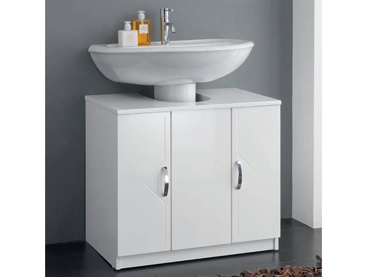 Couvercle de colonne universel blanc brillant pour vasque sur pied à 2 portes avec mailles ABS chromées confortables. Le meuble