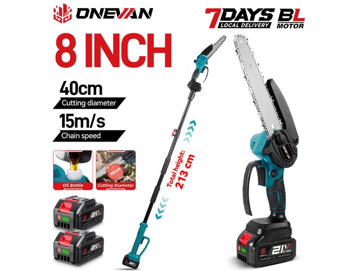 Scie à branches électrique sans fil ONEVAN 5500W, 8 pouces, avec perche télescopique, 15 m/s, outil de coupe d'arbres pour jardinage, compatible avec batterie Makita 18V.