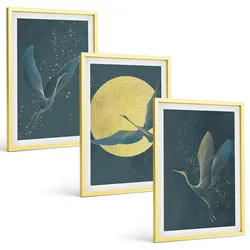 BILDER SET 3er Set - 40x60 cm Goldrahmen - Kraniche im Flug bei Nacht