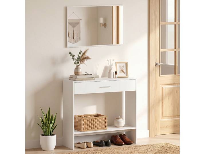 HOMCOM Meuble Entrée Blanc avec Miroir, Tiroir, Étagère 91,5cm