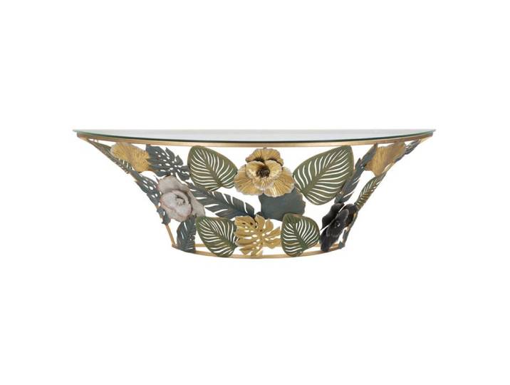 Console Glam Floris en fer doré et miroir avec feuilles tropicales - Réf. VK8681847401353