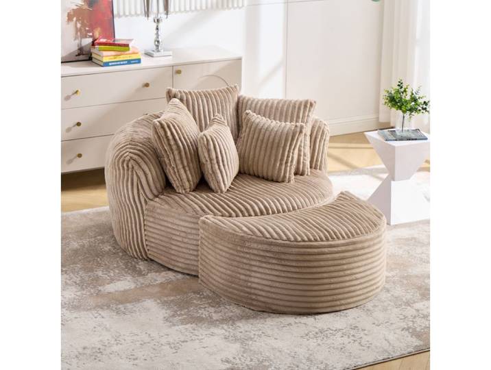 COVREO Fauteuil lounge rond sans pieds avec pouf tissu chenille côtelé 5 coussins camel et marron