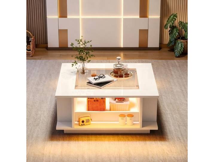 Table Basse Carrée Blanche 70x70 cm avec Plateau en Verre et Éclairage LED Finition Brillante