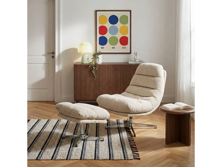 Fauteuil rotatif 1 place + repose-pieds tissu blanc