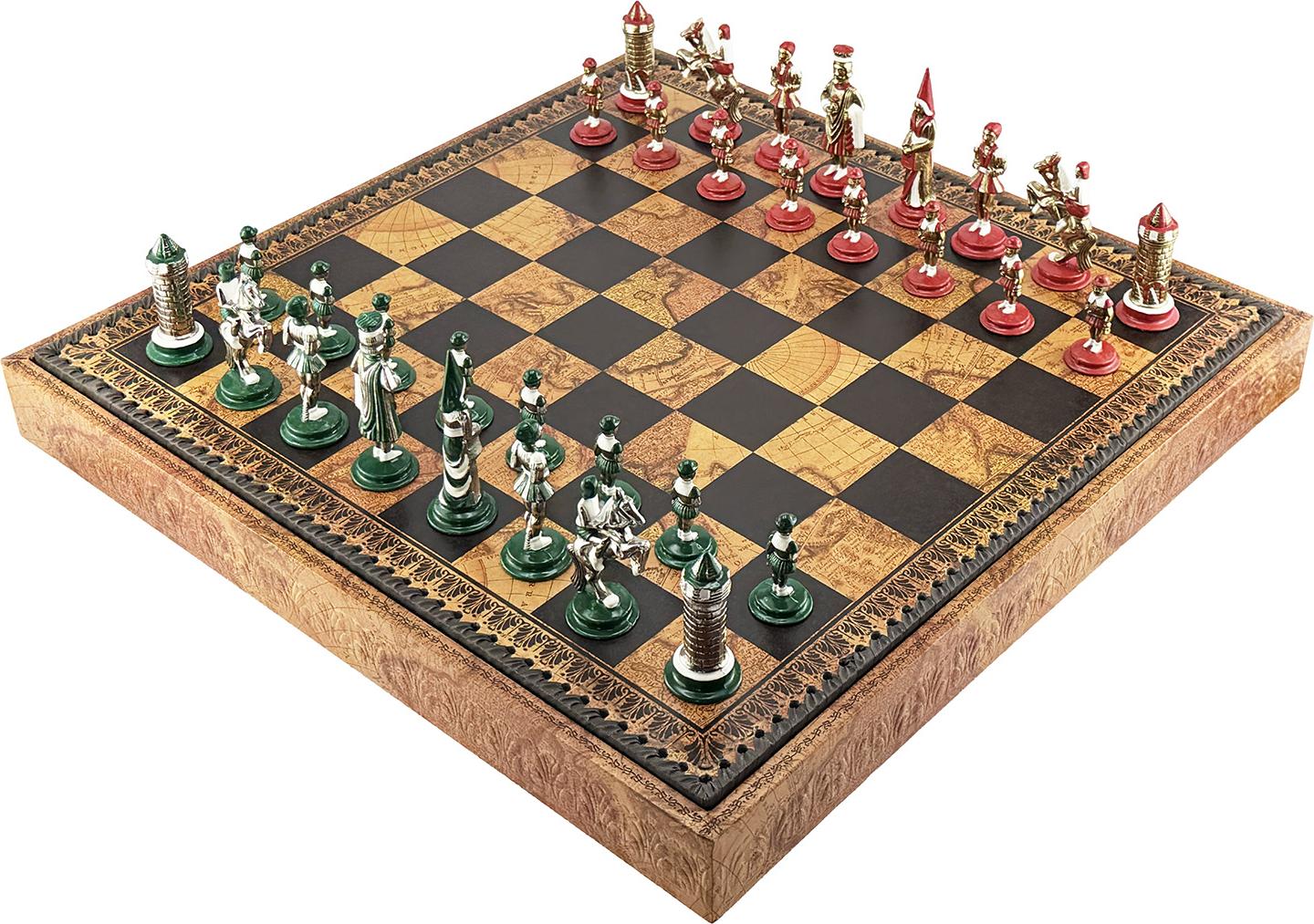 Italienisches Schachset Metall Hand Bemalt Camelot + Schachbrett Weltkarte 48