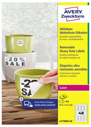Avery-Zweckform L4778REV-20 Folien-Etiketten 45.7 x 21.2mm Polyester-Folie Weiß 960 St. Wiederablösbar Farblaserdrucker