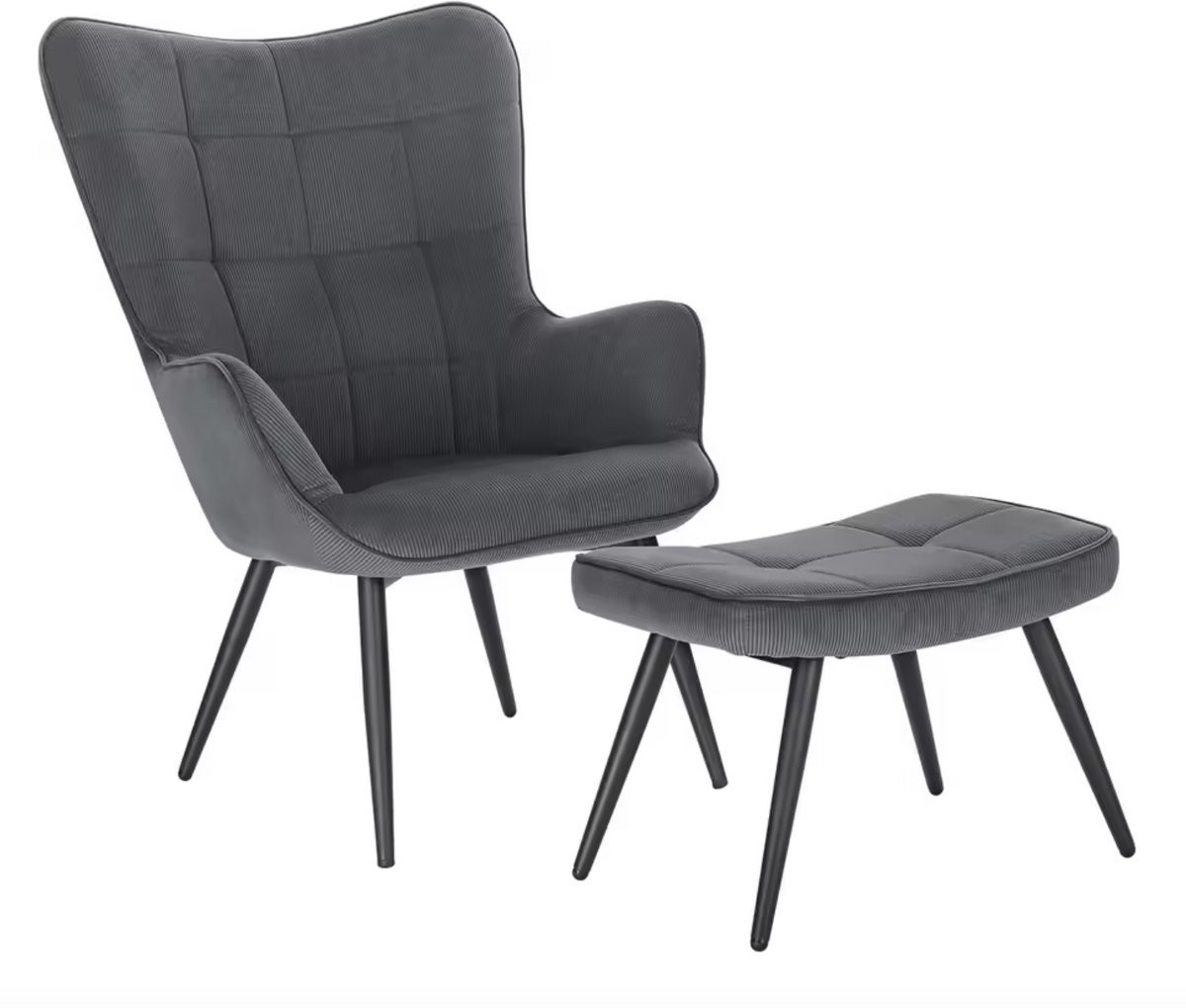 J&R Grijs Corduroy Leesfauteuil met Hocker en Voetenbank
