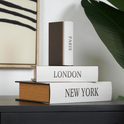 ARCILLA ELEMENTAL Black Faux Leather Paris, London, New York Faux Book Storage Decorative Box with White Spine (Set of 3)
