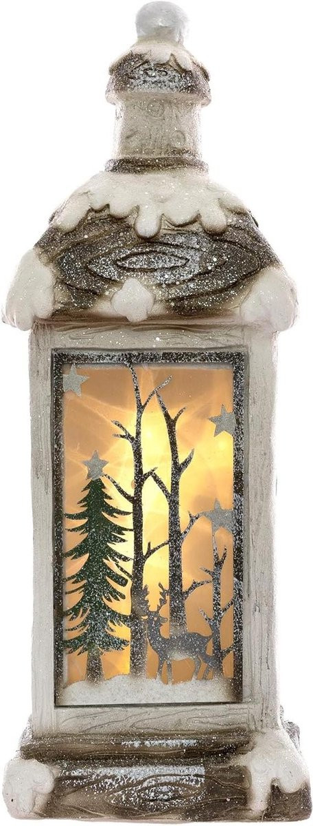Wit Kerstlantaarn met kerstscène - Hoogte: 60 cm
