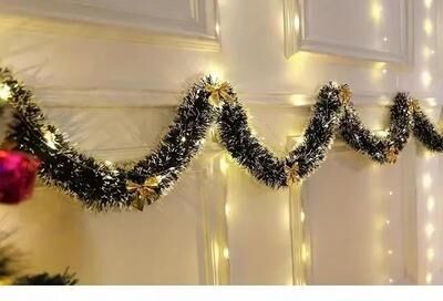 Discount Dollar Deals Christmas Tinsel Garland With LED Lights, Metallic Twist Hanging Garland For Fireplace And Xmas Decorations 2m yellow