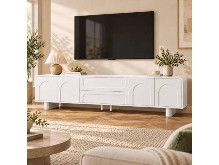 TV Lowboard Weiß 180 cm, Fernsehschrank mit Türen & Schubladen Modernes TV Lowboard mit Stauraum, Kabeldurchführungen, Bogenfront und abgerundeten Kanten fürs Wohnzimmer