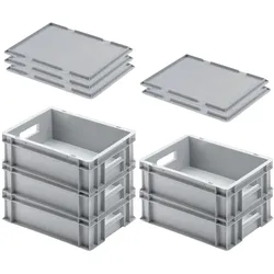 PROREGAL 5x Eurobehälter mit offenem Griff & Auflagedeckel | HxBxT 12x30x40cm | 11 Liter | Grau | Eurobox