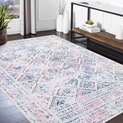 Garvee Washable Vintage Geometric Block Distressed Area Rug