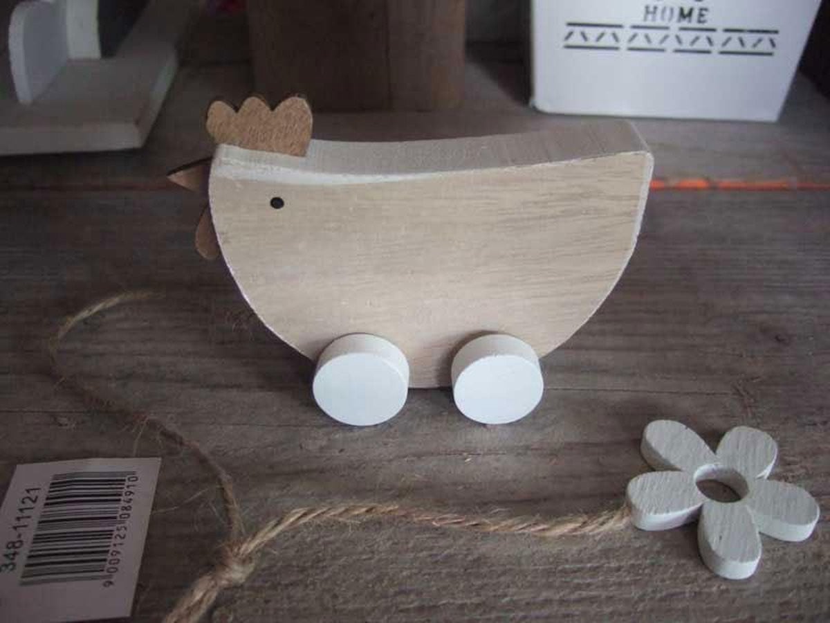 Set van 6 houten kippetjes als decoratiehanger of staand object