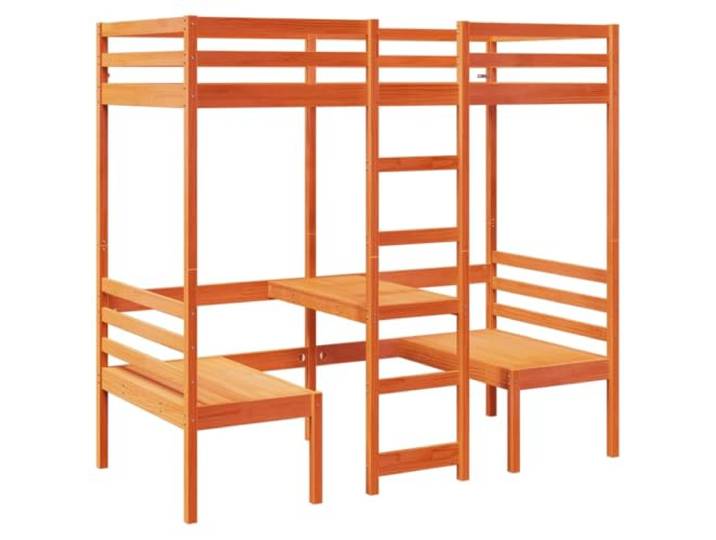 Makastle Hochbett mit Schreibtisch & Stühlen Braun 75x190 cm Massives Kiefernholz
