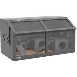 PawHut Hamsterkäfig, Kleintierkäfig aus Holz mit Hängebrücke, Leitern, Hütte Obertür