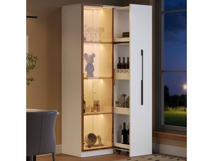 Vitrine LED Multifonction 70x40x160 cm Armoire Rangement Haute avec Portes Vitrees et Tiroirs Latéraux - pour Salon Étude - Blanc
