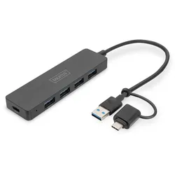 Digitus USB 3.0 Hub 4-Port, Slimline mit USB-C Adapter, 5Gbps, 0,2m Kabel