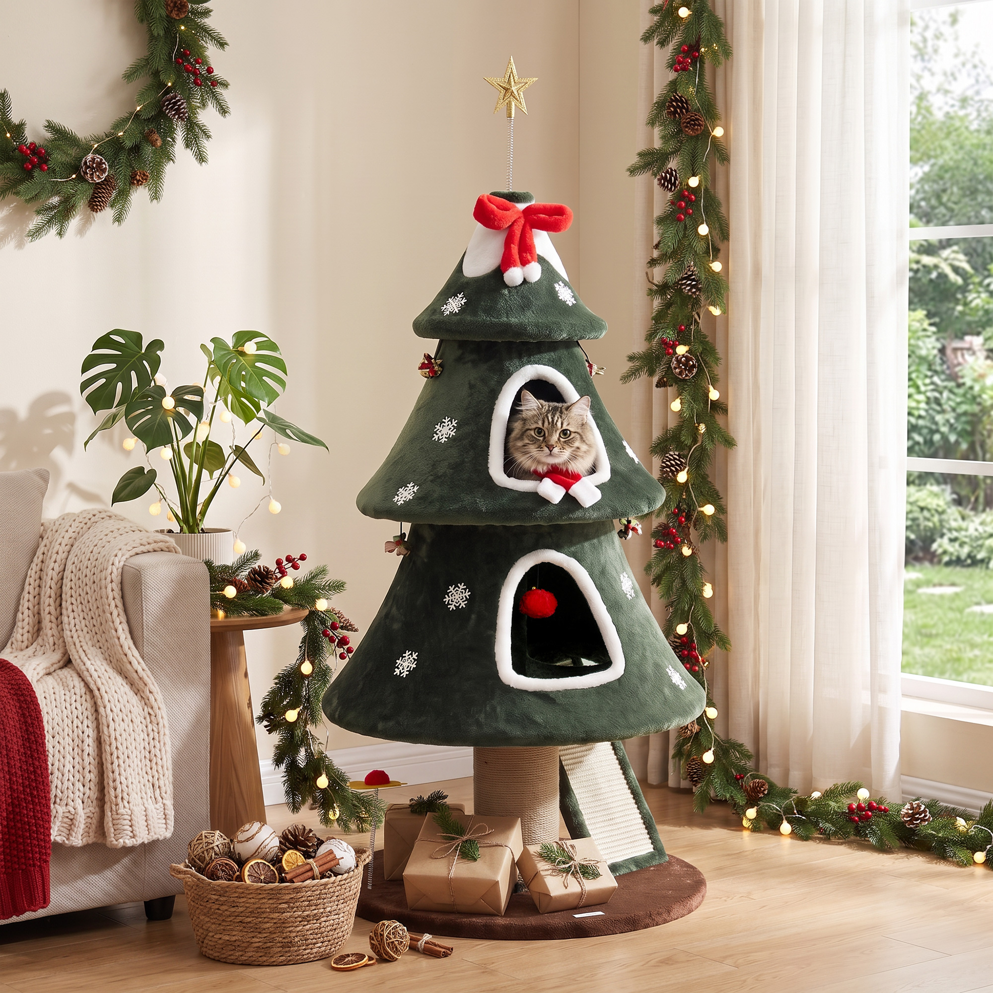 Pawhut Albero Tiragraffi Natalizio per Gatti, 2 Cucce, Scala in Sisal, Pali in Juta e Palline, 60x60x132 cm, Verde   Aosom Italy