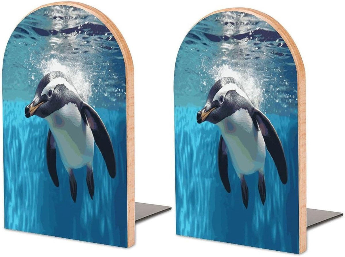 Houten Boekensteunen Pinguïn - 1 Paar - Natuurlijk Hout