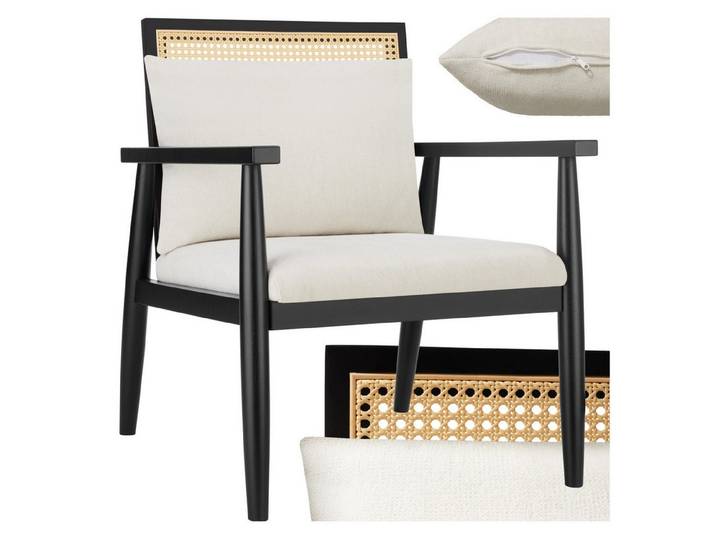 tectake Relaxsessel gepolsterter Loungesessel, Belastbarkeit 120 kg, 67 x 70 x 82 cm (Fernsehsessel Manuela, in Weiß), extra Rückenkissen, Holzgestell, Rückenlehne mit Wiener Geflecht