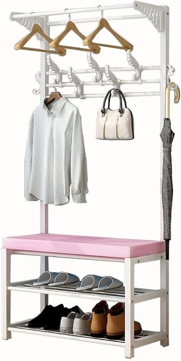Zwarte Garderobe Meubel Entree Organizer met Schoenenbank en 7 Haken