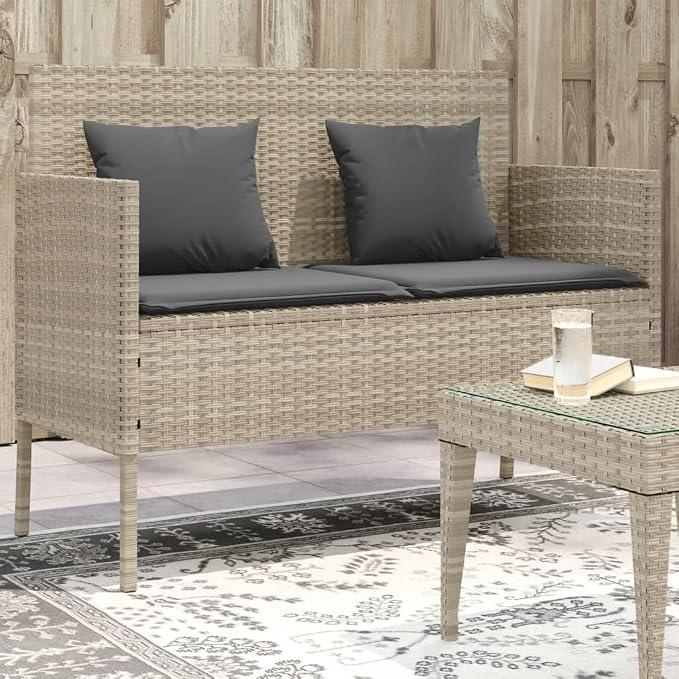 Gartenbank mit Kissen Hellgrau Poly Rattan, Stauraum, wasserfester Beutel, 113x61x87 cm, Sitzbank mit Rückenlehne und Armlehne, wetterfest, für Balkon, Terrasse und Vorgarten