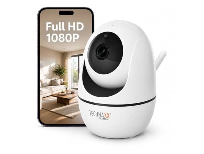 Technaxx Caméra de Sécurité WiFi Intérieure Full HD 1080P\, Caméra IP PTZ avec Rotation 355° et Inclinaison 130°\, Détection et Suivi de Mouvement\, Vision Nocturne\, Audio Bidirectionnel – TX-146