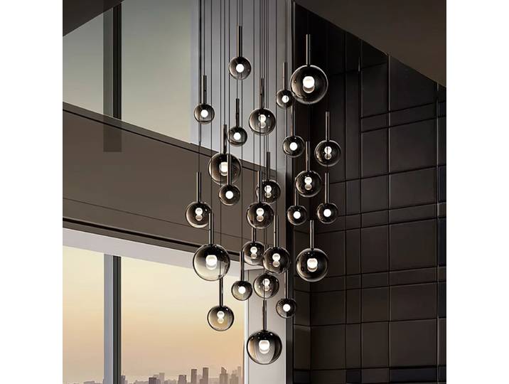 Suspension LED moderne en verre gris fumé, Nouveauté 2026, pour décoration intérieure, éclairage suspendu pour escalier et cuisine
