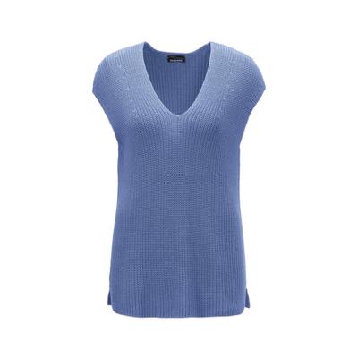 Pullunder GOLDNER "Kurzgröße Modischer Pullunder", Damen, Gr. 24, blau (schieferblau, melange), Obermaterial: 50% Baumwolle CO. 50% Polyacryl PAN., V-Ausschnitt, Sonstiges, Pullover Pullunder, hochwertige Strickminderungen