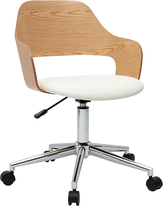 Miliboo Designer-Bürostuhl auf Rollen weiß, helles Eichenholz und verchromter Stahl JANET