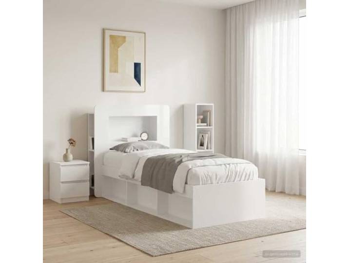 RJPLMFV Bettkopfteil, weiß, glänzend, Holz Regalaufbewahrung, modernes Design, Wandbefestigung inklusive, einfache Reinigung