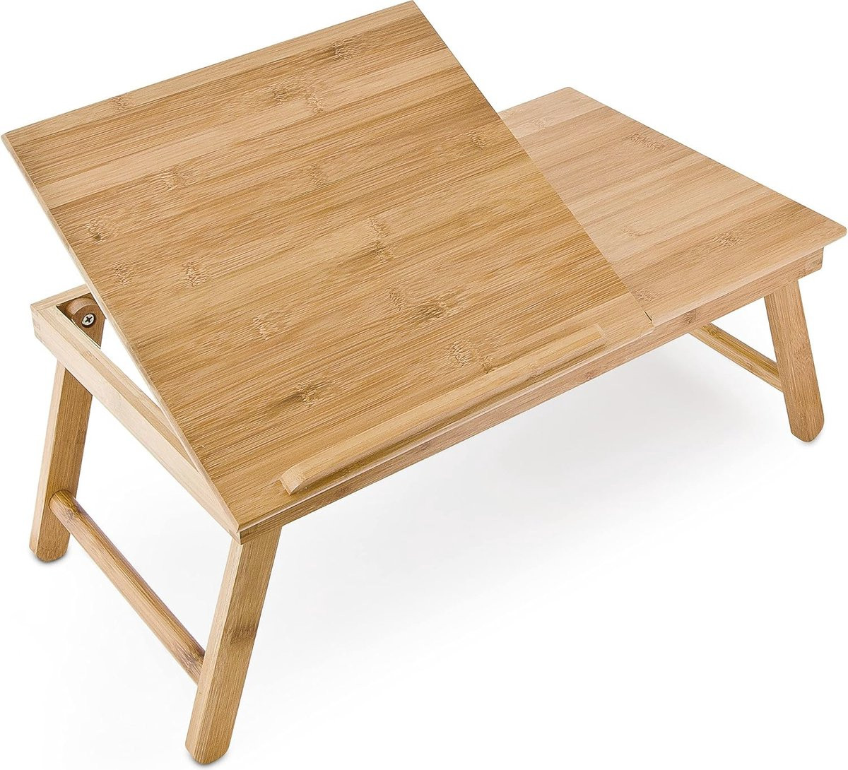 Verstelbare bamboe laptoptafel met inklapbaar blad en opbergruimte