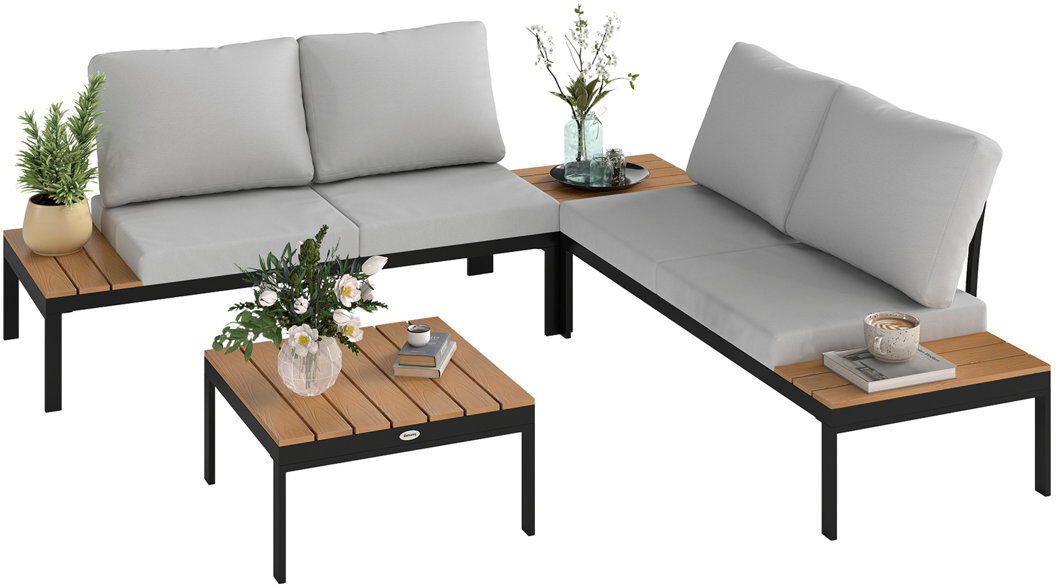 Outsunny 4 Piece L Shaped Garden Furniture Set 4 Seater Corner Sofa Teak/Black 4