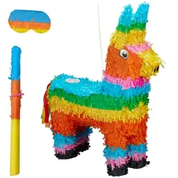 Relaxdays Pinata Set Esel mit Stab und Maske Grün,Orange,Türkis