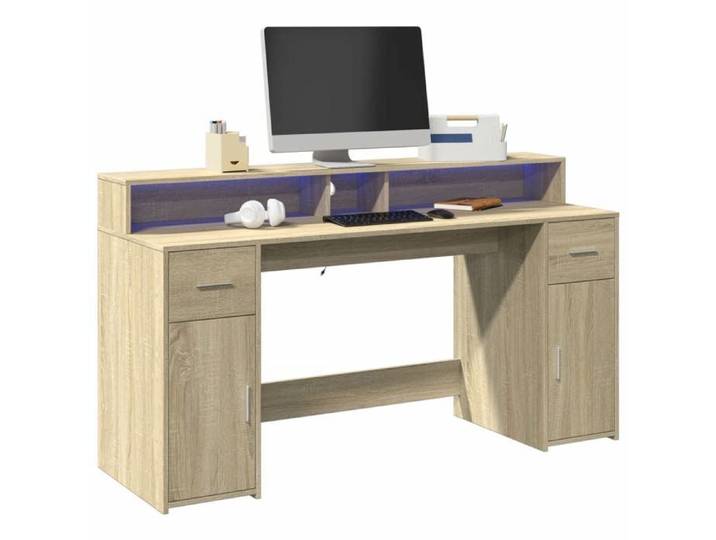 Bureau avec LED style moderne gaming - Chêne sonoma - Bois d'ingénierie - 160 x 55 x 91 cm - pour setup gaming et télétravail