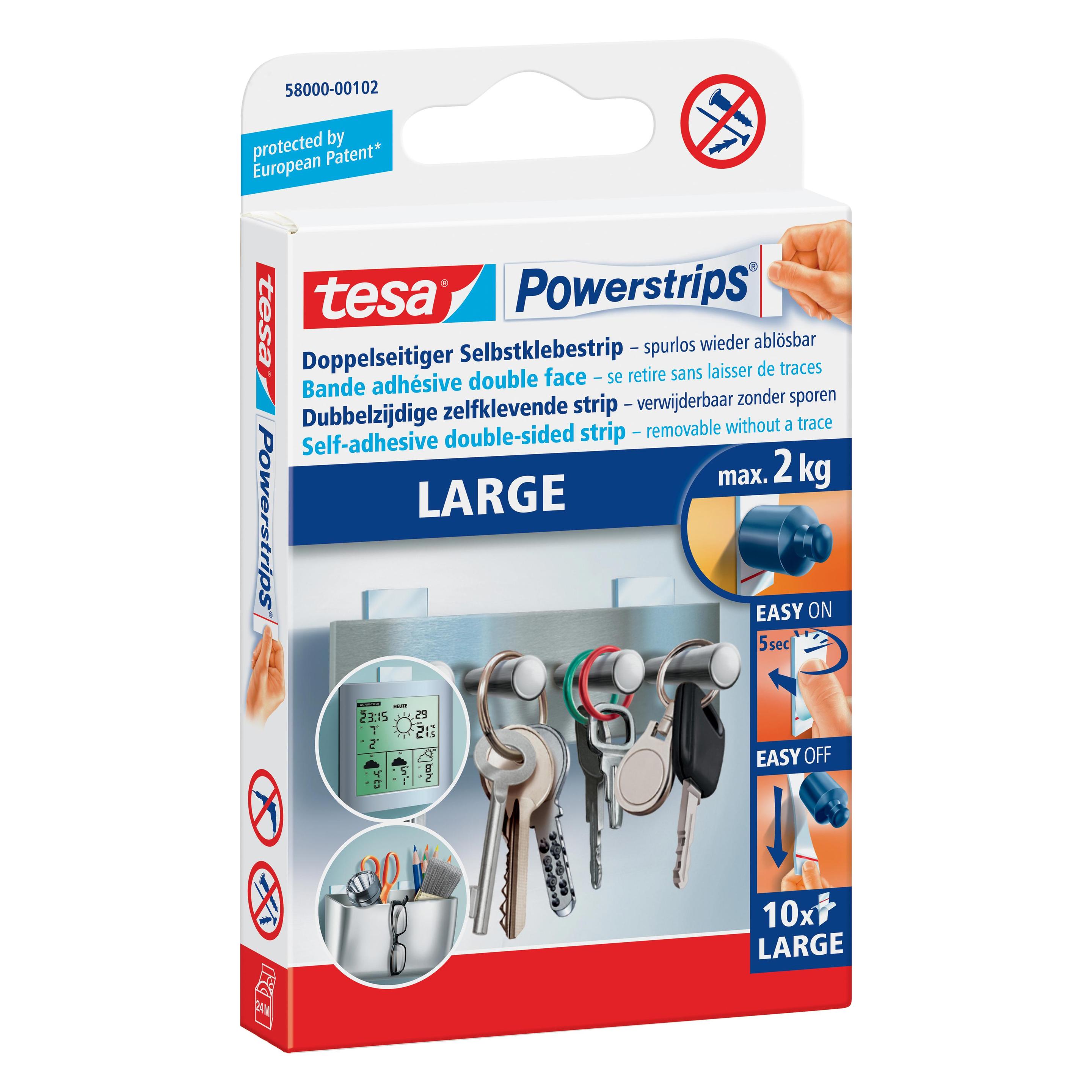tesa Powerstrips LARGE, 2kg Halteleistung, 10x doppelseitige Klebestreifen (58000-00102-20)