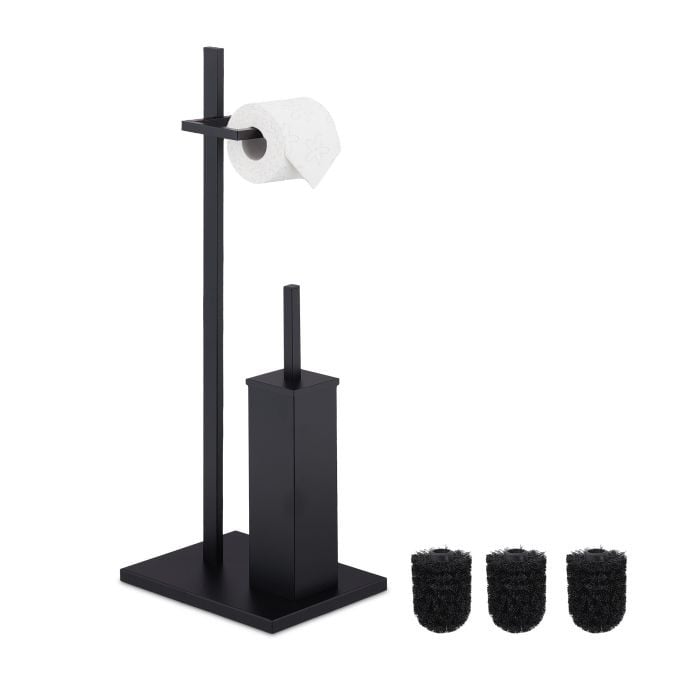 Relaxdays Toiletaccessoires set, staand, toiletrolhouder met wc-borstel en reserve borstelkoppen, zwart