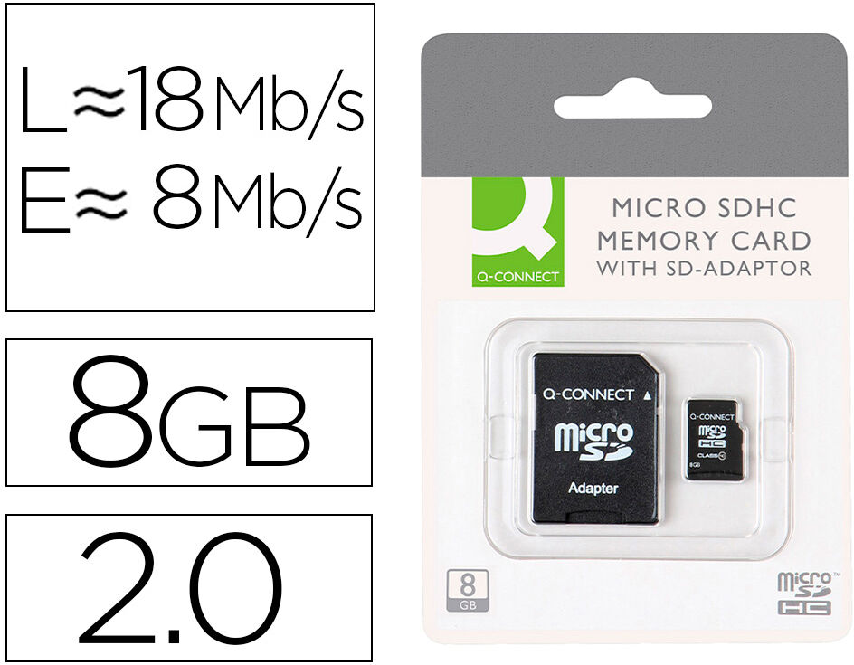 Tarjeta de memoria SD Micro Flash 8 Gb Clase 4 con adaptador - Q-CONNECT