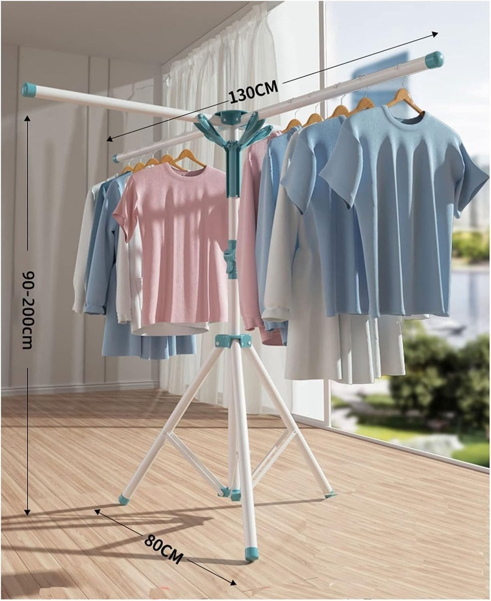 Blauw opvouwbaar droogrek voor de wasserij met verstelbare hoogte van 90-150 cm