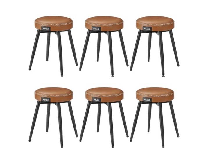 VASAGLE 6er Set Esszimmerhocker, Rund, PU-Leder, Karamellbraun Stuhl für Schminktisch, Küchenstühle, 8 cm Dicker Schaumstoff, Stahlbeine, EKHO Kollektion