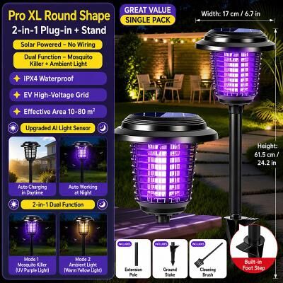 LightInthebox Solar Bug Zapper Outdoor, Solar Mosquito Zapper, Rechargeable Battery, Waterproof Electric Fly Zapper for Patio, Backyard, Garden, Camping