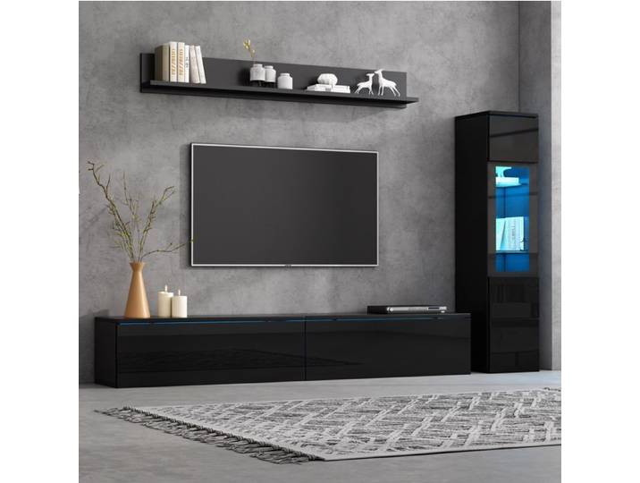Ensemble mural TV noir brillant avec meuble TV vitrine LED et étagère murale mobilier moderne pour salon