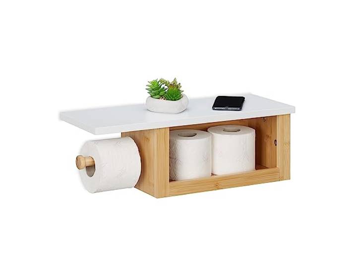 Relaxdays Dérouleur Papier Toilette avec étagère\, Support en Bambou\, Compartiment\, HxLxP : 17x50x18 cm\, Nature - Blanc