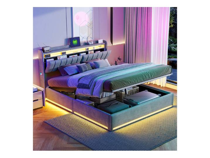 PXloue Polsterbett LED Doppelbett, Bettkasten, Ladefunktion, Samt, 140x190 cm