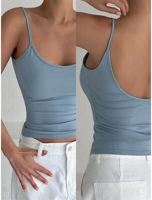 Discount Dollar Deals Women Backless Cami Crop Top, Summer Solid Color Sleeveless Top, Casual Streetwear Fashion sky Blue l
