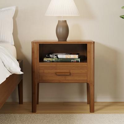 Mid-Century Modern Solid Bamboo Wood Nightstand with Drawer and Open Shelf, Bedside Table